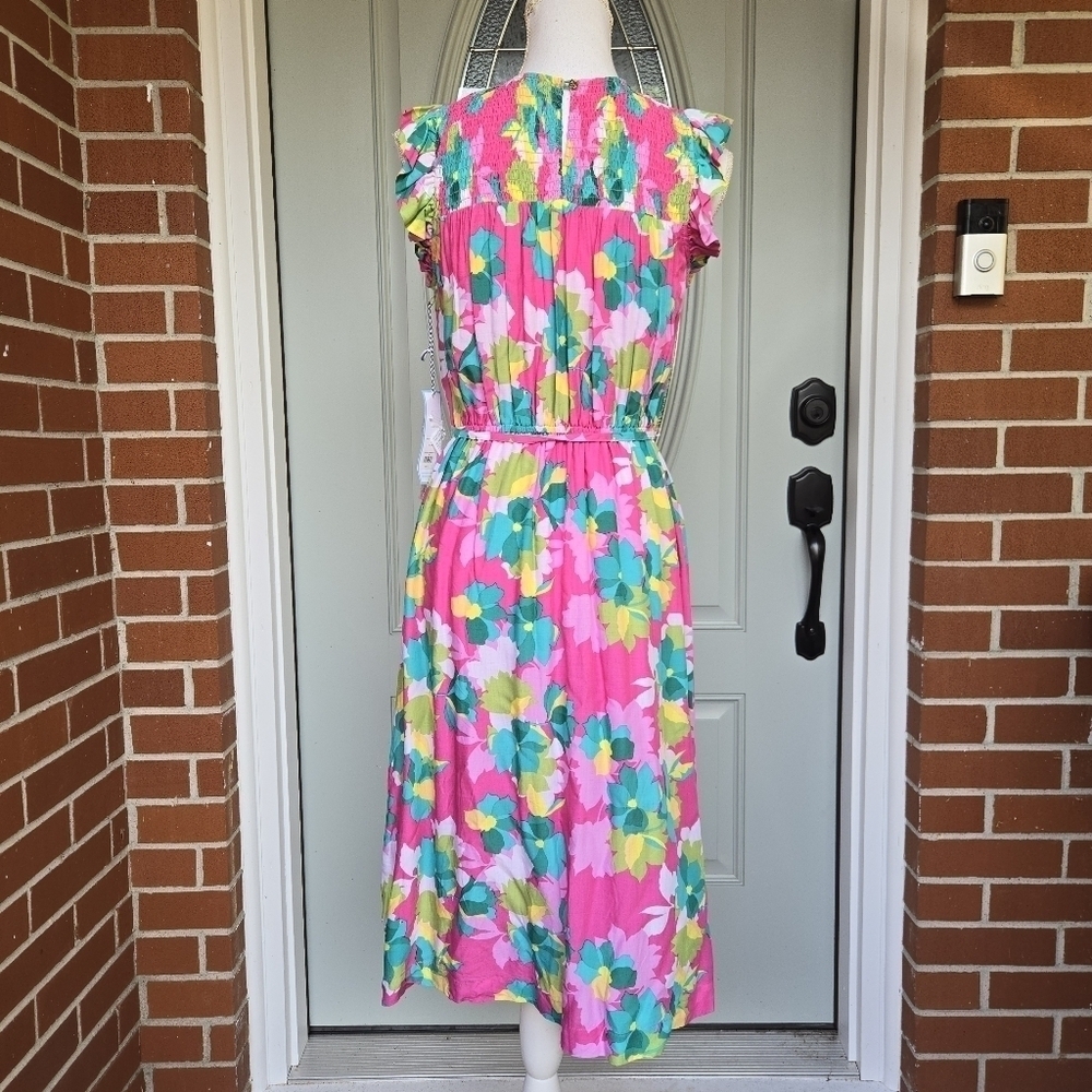 NWT Draper James Smocked Short Dress Floral Fuschia Multi - Picture 5 of 14